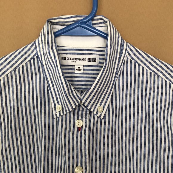 2/$25 UNIQLO  Premium Cotton Long Sleeve Blue Striped Shirt - Picture 3 of 7